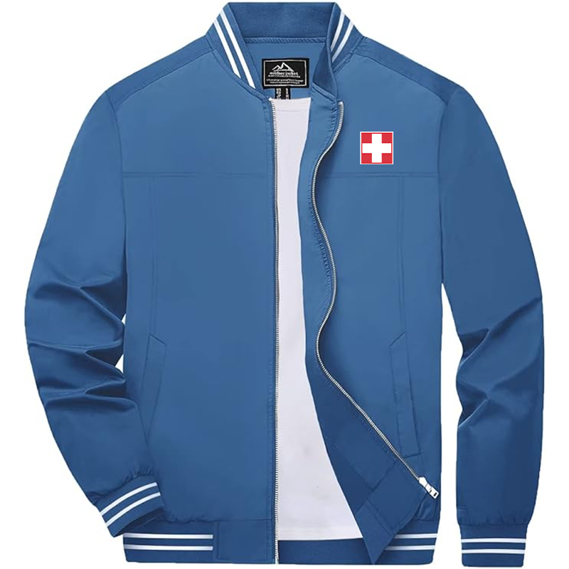 Men'sSwitzerland National Football Soccer Team Lightweight Zip-Up Bomber Jacket  Ribbed Collar and Cuffs Outerwear
